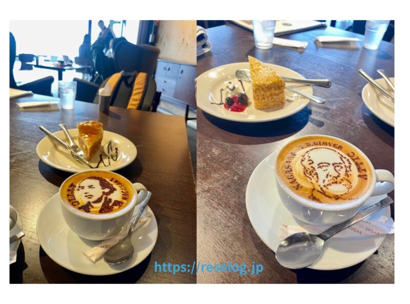 カフェラテに描かれた坂本龍馬とグラバーのラテアート