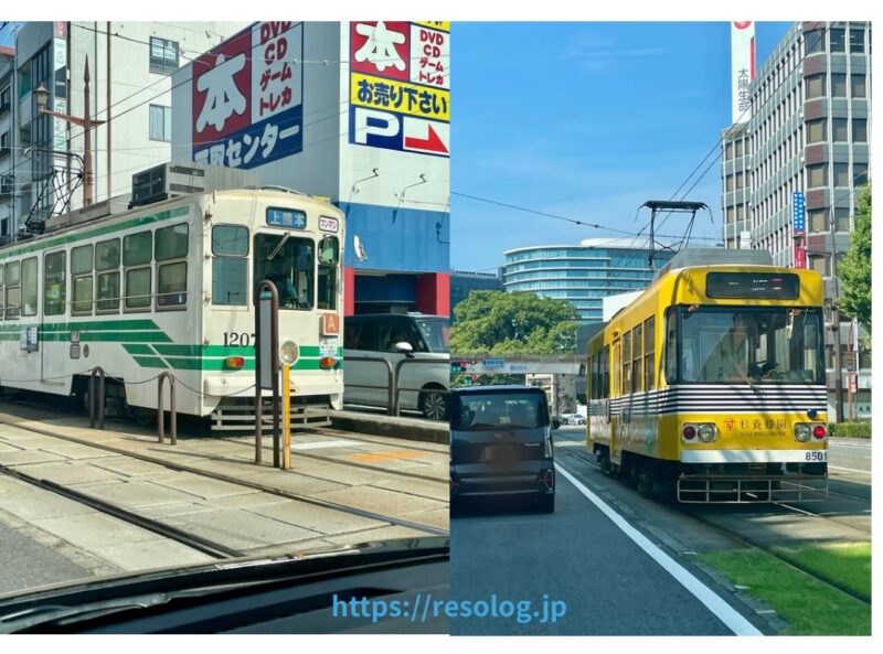 熊本市内のすれ違った路面電車